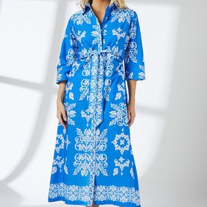 PRINCIPLES Blue Tile Print Tie Front Midi Shirt Dress Cotton