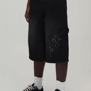 BoohooMAN Black Longline Cross Applique Carpenter Denim Jorts for men