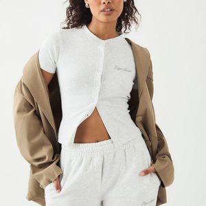 DSGN Studio White Script Embroidery Ribbed Button Through Short Sleeve Top