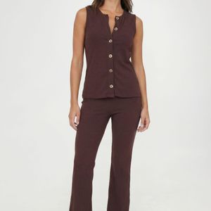 Boohoo Red Petite Rib Button Through Sleeveless Top And Trouser Set