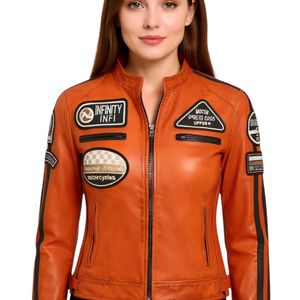 Infinity Leather Orange Biker Racing Badges Jacket-Dalby Lamb Leather
