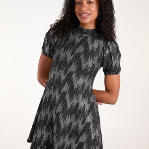 Blue Vanilla Black Puff Sleeve Swing Dress