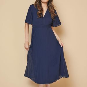 Wallis Blue Chiffon Pleated Sleeve Midi Dress
