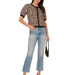 Adrianna Papell Blue Crew Neck Patterned Short Sleeve Cardigan Sweater