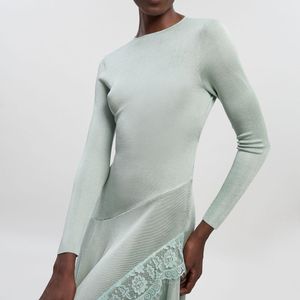 Karen Millen Grey Viscose Blend Slinky Sheer Lace Detail Asymmetric Knit Maxi Dress