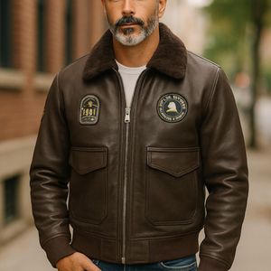 Infinity Leather Brown Bomber Sheepskin Collar G-1 Aviator Jacket for men