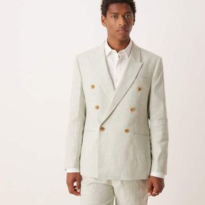 ASOS Natural Double Breasted Linen Blend Regular Suit Jacket for men