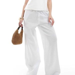 Monki White Wide Leg Drawstring Seersucker Trousers