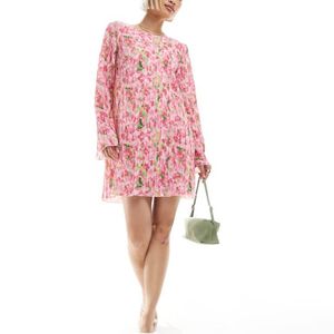 Pieces Pink Plisse Long Sleeve Mini Dress