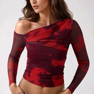 Hiccup Red Asymmetrical Collar Tulle Blouse