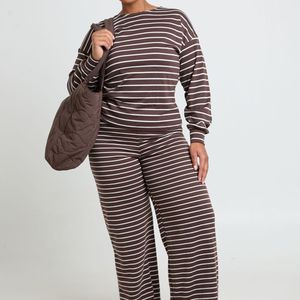Boohoo Brown Plus Soft Stripe Long Sleeve Top