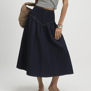 River Island Blue Midi Skirt Denim Zip Cotton