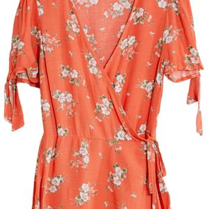 New Look Orange Tie Sleeve Floral Wrap Blouse