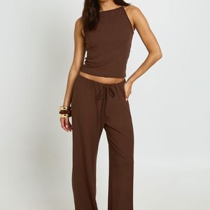 Boohoo Brown Soft Rib Vest And Straight Leg Trouser Co-Ord