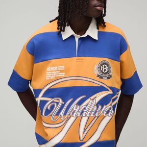 BoohooMAN Blue Oversized Boy Half Sleeve Applique Stripe Interlock Rugby Polo for men
