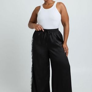 Boohoo Black Plus Satin Eyelash Trim Straight Leg Trouser
