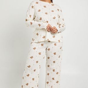 Boohoo Natural Plus Pointelle Bear Print Long Sleeve Top & Trouser Pyjama Set