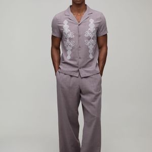 BoohooMAN Grey Textured Embroidered Regular Shirt & Wide Leg Trouser Set for men