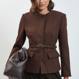 Karen Millen Brown Wool Blend Belted Collarless Tailored Coat
