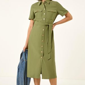Roman Green Button Belted Collared Shirt Dress
