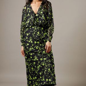 Warehouse Green Shadow Stripe Batwing Plunge Neck Midi Dress