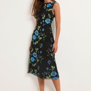 Wallis Blue Floral Embroidered Mesh Fit & Flare Midi Dress