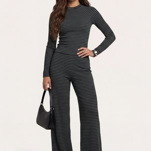 Urban Bliss Grey Jersey Striped Wide Leg Trouser