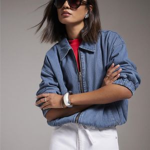 River Island Blue Bomber Jacket Gather Detail Denim Cotton