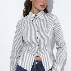 Hiccup Grey Striped Fitted Shirt With Peplum Detail