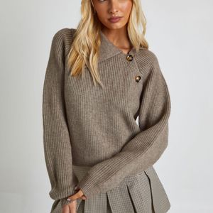 Boohoo Brown Soft Knit Button Neck Detail Oversized Jumper