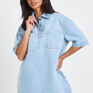 Boohoo Blue Petite Short Sleeve Denim Dress