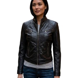Woodland Leathers Black Genuine Leather Biker Jacket