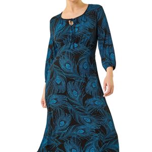 Roman Blue Petite Feather Print Keyhole Midi Dress
