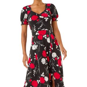 Roman Red Floral Print Ruched Midi Dress