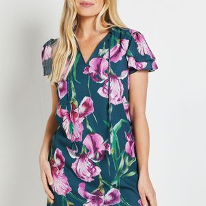 Wallis Blue Petite Floral Ruffle Neck Shift Dress