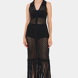 Hiccup Black Sleeveless Knitted Maxi Dress With V-Neck And Tassel Hem