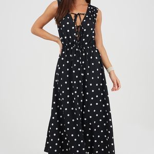 Brave Soul Black Polka Dot Sleeveless Maxi Dress With Front Tie