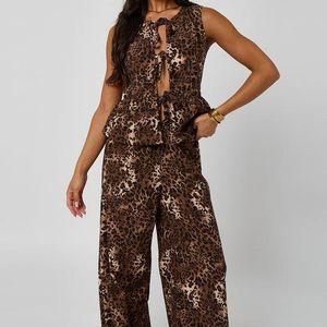 Urban Bliss Brown Leopard Linen-Look Elasticated Wide Leg Trouser