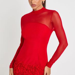 Boohoo Red 3D Floral Mesh Panelled Mini Dress