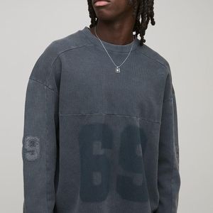 BoohooMAN Blue Oversized Boxy Washed Waffle Applique Varsity Long Sleeve T-Shirt for men