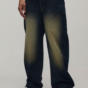 BoohooMAN Blue Vintage Tinted Wash Let Down Hem Relaxed Fit Jeans for men