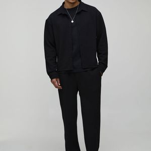 BoohooMAN Black Jersey Herringbone Oversized Boxy Shirt & Relaxed Trouser Set for men