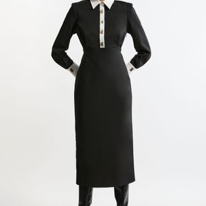 Karen Millen Black Petite Techno Cotton Woven Maxi Shirt Dress With Clasps