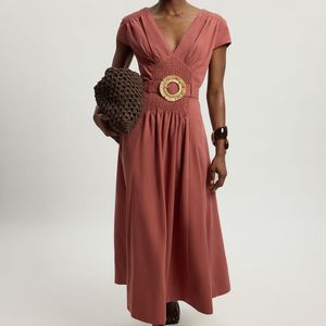 Karen Millen Shirred V Neck Belt Detail Woven Maxi Dress