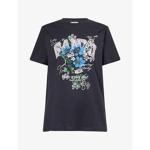 Ganni Blue Floral-Print Cotton T-Shirt