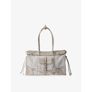 Prada Grey Bonnie Large Printed Leather And Linen Top-Handle Bag