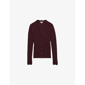 Reiss Purple Vinny Scallop-Trim Ribbed-Knit Cardigan