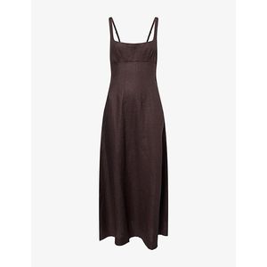 Reformation Brown Sabine Square-Neck Linen Midi Dress