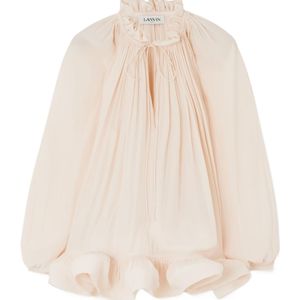 Lanvin Natural Ruffled Gathered Charmeuse Blouse