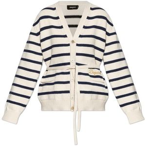 DSquared² White Tie-Waisted Striped Knit Cardigan